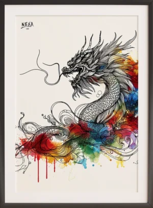 Dynamic ink drawing of a dragon with vibrant watercolor splashes – A4 printable art