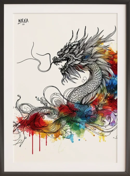 Dynamic ink drawing of a dragon with vibrant watercolor splashes – A4 printable art