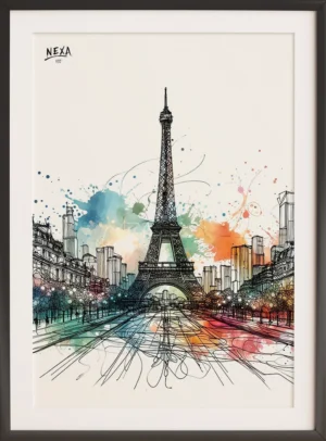 Ink sketch of the Eiffel Tower with vibrant watercolor splashes – A4 printable art