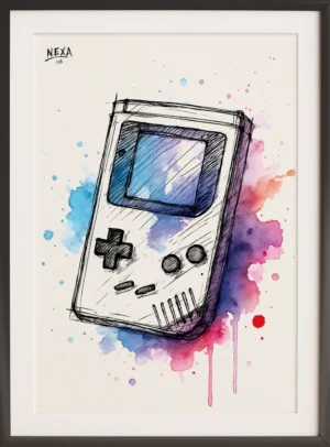 Ink sketch of a vintage handheld game console with colorful watercolor splashes – A4 printable art