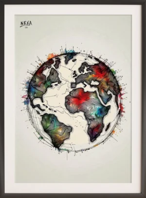 Ink and watercolor illustration of Earth with vibrant color splashes – A4 printable art