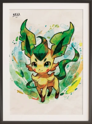 Ink and watercolor art of a leafy plant-type Eeveelution inspired creature – A4 printable art