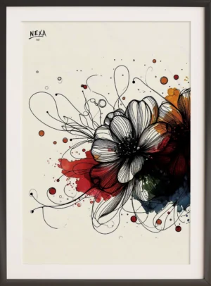 Ink sketch of flowers with fiery red and warm watercolor splashes – A4 printable art