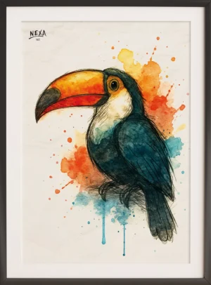Ink sketch of a toucan with vibrant orange and blue watercolor splashes – A4 printable art