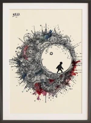 Ink drawing of a small figure walking inside a complex, circular mechanical structure with watercolor splashes – A4 printable art