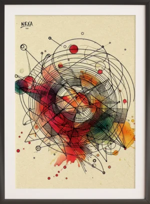 Abstract ink drawing of geometric and cosmic shapes with vibrant watercolor splashes – A4 printable art