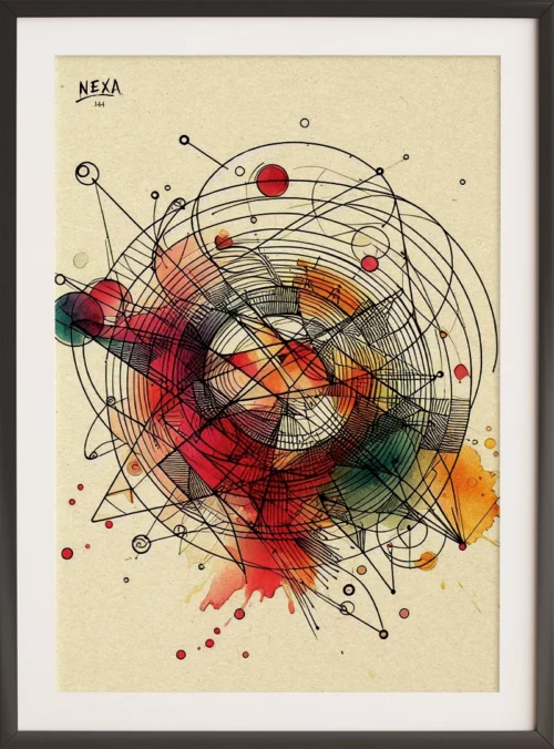 Abstract ink drawing of geometric and cosmic shapes with vibrant watercolor splashes – A4 printable art