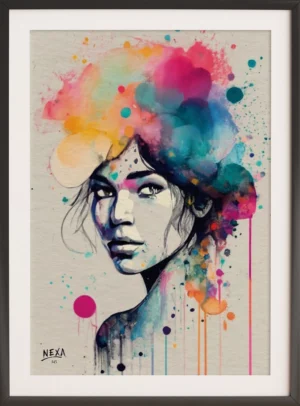 Portrait of a woman with colorful splashes in ink and watercolor – A4 printable art