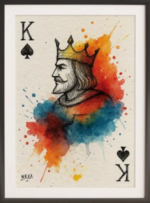 Ink sketch of a regal king of spades with vibrant watercolor splashes – A4 printable art
