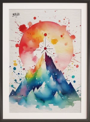 Abstract watercolor mountain peaks with vibrant sun and splashes – A4 printable art