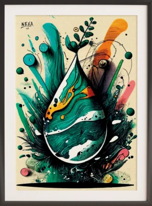 Abstract watercolor botanical droplet with vibrant green and orange splashes – A4 printable art