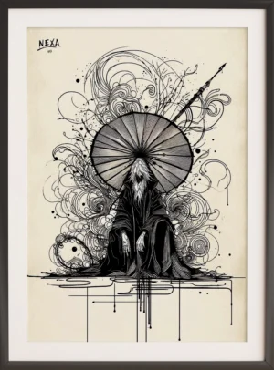 Ink sketch of a mysterious sage sitting with a large ornate umbrella and staff – A4 printable art