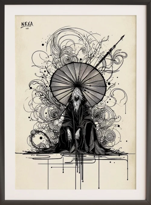 Ink sketch of a mysterious sage sitting with a large ornate umbrella and staff – A4 printable art