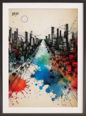 Ink sketch of a city skyline with a flowing river and watercolor splashes – A4 printable art