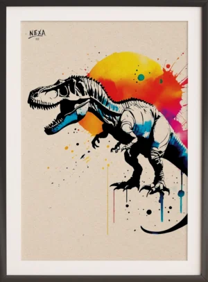 T-Rex dinosaur with vibrant ink and watercolor splashes – A4 printable art