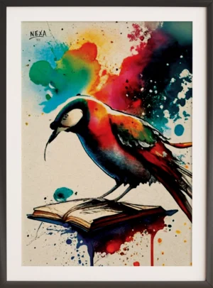 Colorful bird perched on an open book with vibrant ink and watercolor splashes – A4 printable art
