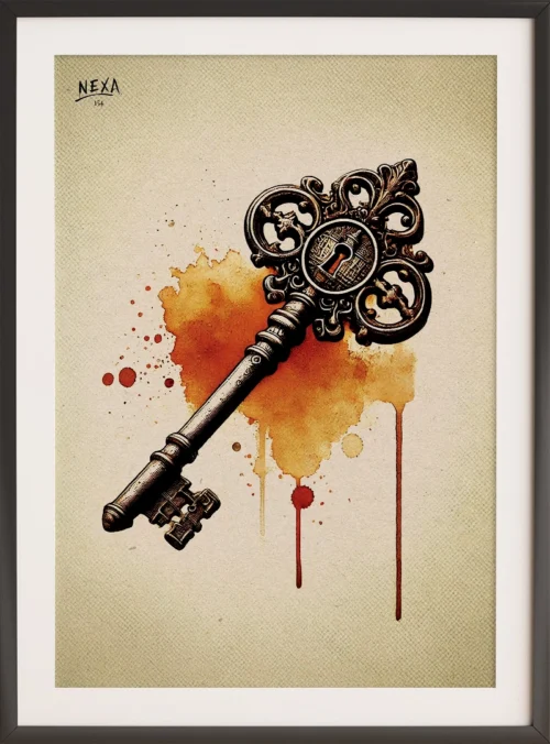 Vintage ornate key in ink sketch with warm watercolor splashes – A4 printable art