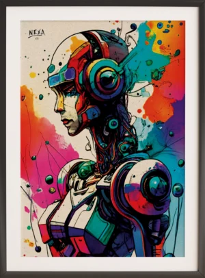 Futuristic sci-fi female robot portrait in vibrant ink sketch and colorful watercolor splashes – A4 printable art