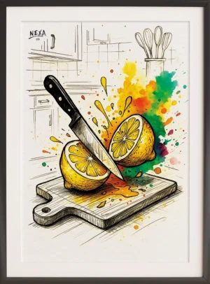 Ink sketch of sliced lemon with vibrant watercolor splash on kitchen cutting board – A4 printable art