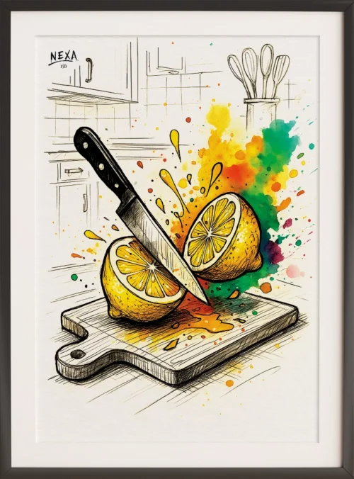 Ink sketch of sliced lemon with vibrant watercolor splash on kitchen cutting board – A4 printable art