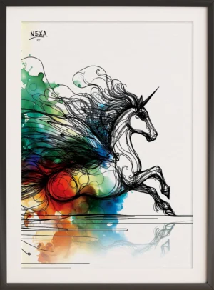 Black ink sketch of a rearing unicorn with vibrant watercolor splash background – A4 printable art