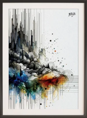 Abstract cityscape with ink lines and vibrant watercolor splashes, vertical A4 printable art