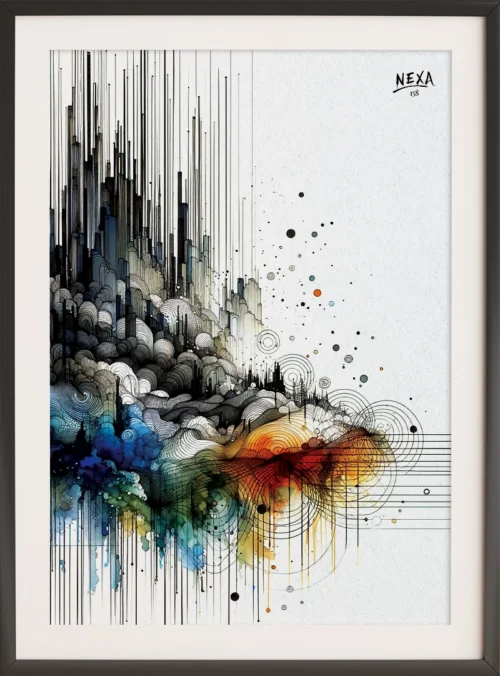 Abstract cityscape with ink lines and vibrant watercolor splashes, vertical A4 printable art