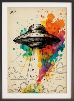 Ink drawing of a UFO abducting with vibrant colorful watercolor background, vertical A4 printable art
