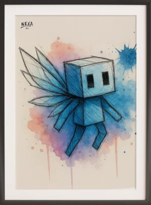 Ink and watercolor art of a delicate blue fairy with soft splashes – A4 printable art