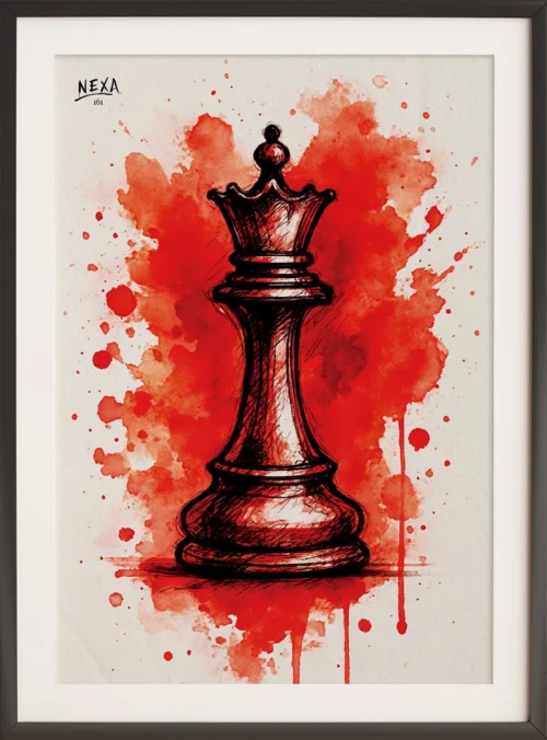 Ink and watercolor art of a chess queen piece with vivid red watercolor background – A4 printable art