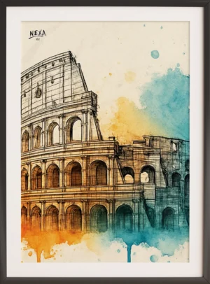 Detailed ink drawing of the Roman Colosseum with vibrant orange and blue watercolor splashes, vertical A4 printable art