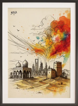 Ink drawing of a desert landscape with ancient architecture and a futuristic city skyline, colorful watercolor splashes, vertical A4 printable art