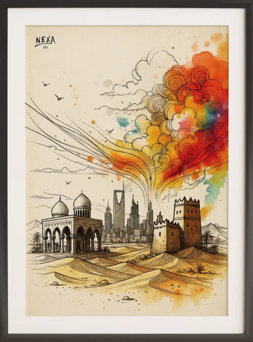 Ink drawing of a desert landscape with ancient architecture and a futuristic city skyline, colorful watercolor splashes, vertical A4 printable art