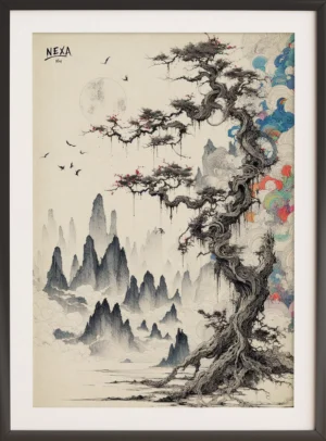 Ink drawing of a mystical mountainous landscape with swirling clouds and a twisted tree, accented with colorful watercolor details, vertical A4 printable art