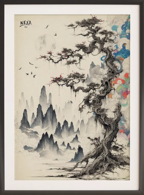 Ink drawing of a mystical mountainous landscape with swirling clouds and a twisted tree, accented with colorful watercolor details, vertical A4 printable art