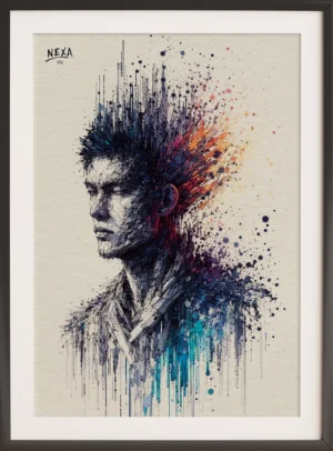 Abstract ink portrait of a man's face fragmented with vertical lines and watercolor splashes, vertical A4 printable art