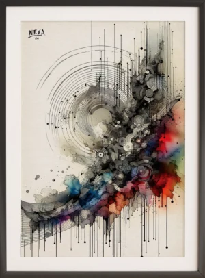 Abstract cosmic shapes with ink lines and colorful watercolor splashes, vertical A4 printable art