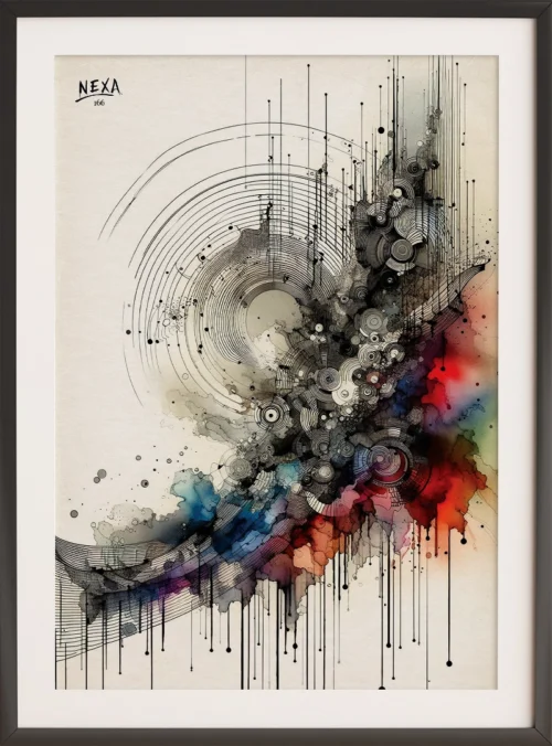 Abstract cosmic shapes with ink lines and colorful watercolor splashes, vertical A4 printable art