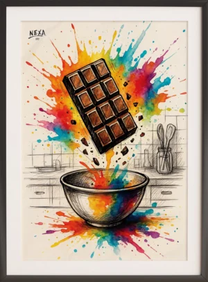 Chocolate bar bursting into colorful watercolor splashes over a kitchen bowl, vertical A4 printable art