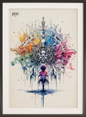 Abstract mandala with ink details and colorful watercolor splashes, vertical A4 printable art