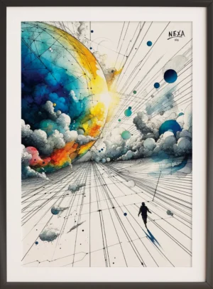 Abstract cosmic scene with ink lines and watercolor splashes, vertical A4 printable art