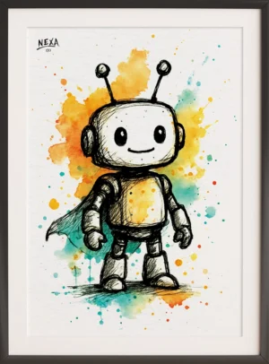 Cute robot with cape, ink drawing and watercolor splashes, vertical A4 printable art