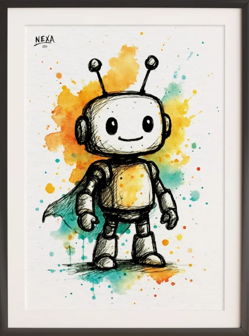 Cute robot with cape, ink drawing and watercolor splashes, vertical A4 printable art