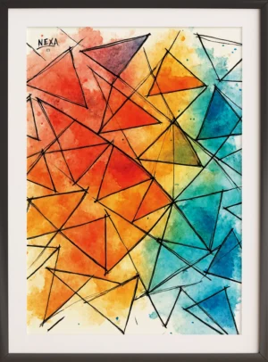 Abstract geometric triangles with vibrant watercolor splashes, vertical A4 printable art