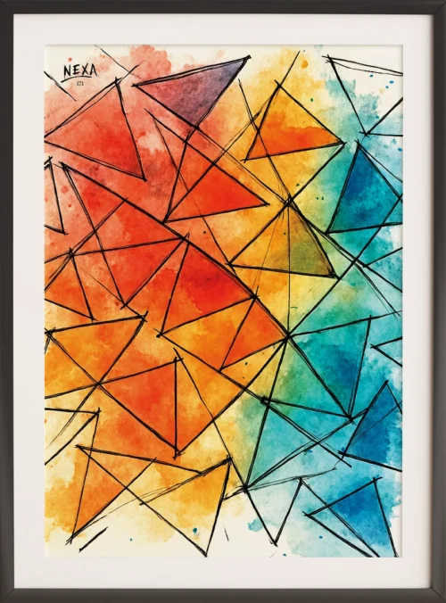 Abstract geometric triangles with vibrant watercolor splashes, vertical A4 printable art