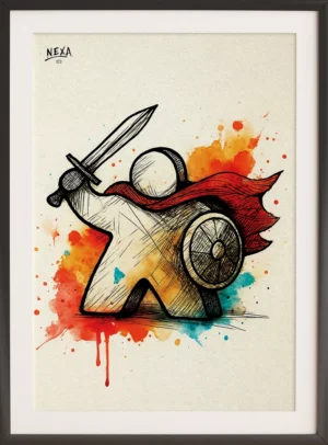 Abstract meeple figure with sword and shield, vibrant watercolor splashes, vertical A4 printable art
