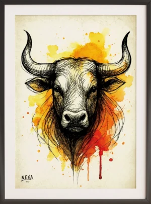 Abstract bull head with ink lines and fiery watercolor splashes, vertical A4 printable art