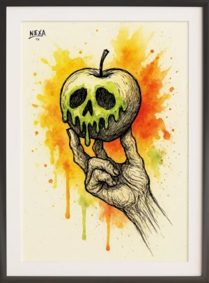 Hand holding a poisoned apple with ink lines and colorful watercolor splashes, vertical A4 printable art