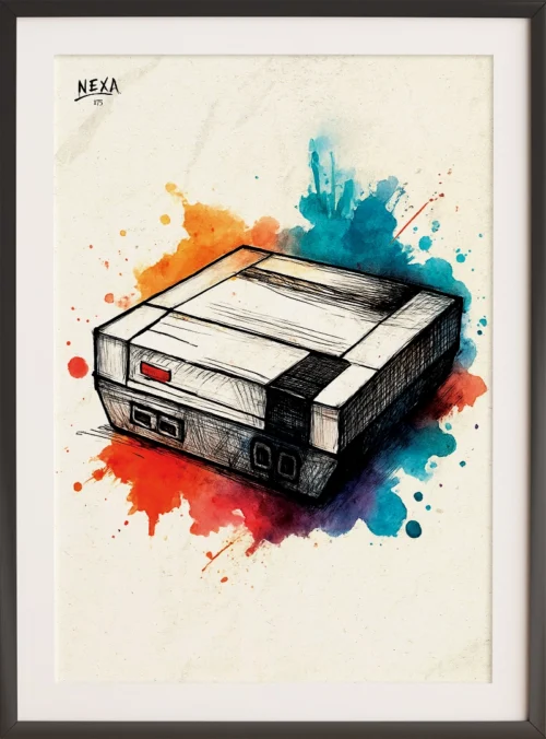 Vintage NES-style video game console with ink sketch and vibrant watercolor splashes, vertical A4 printable art