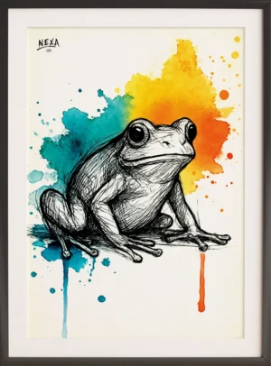 Detailed ink sketch of a forest frog with vibrant watercolor splashes, vertical A4 printable art